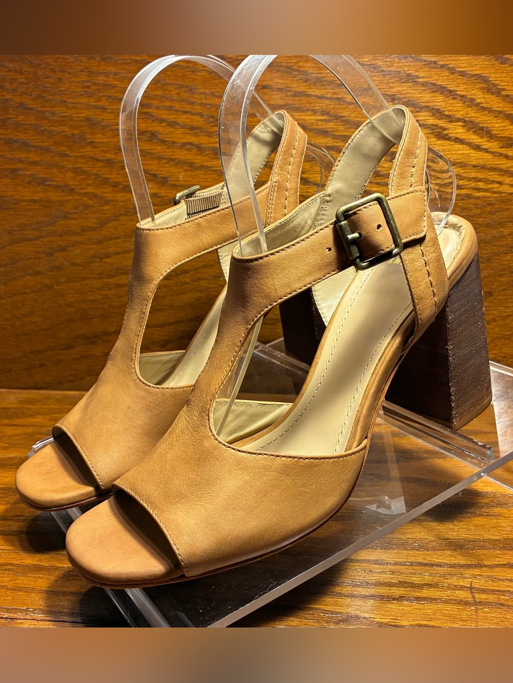 Johnston & Murphy Nubuck Leather T-Strap Open Toe Slingback Block Heels Tan 7.5